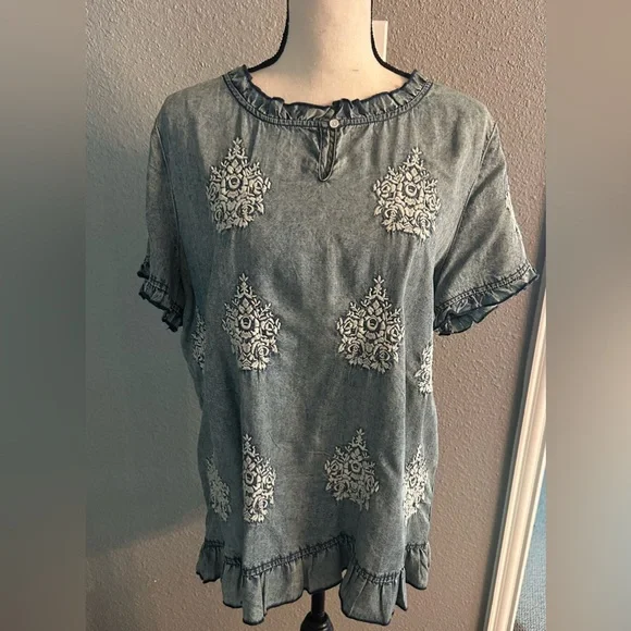 Sundance Blue Ruffled Embellished Short Sleeve Blouse - Picture 1 of 3